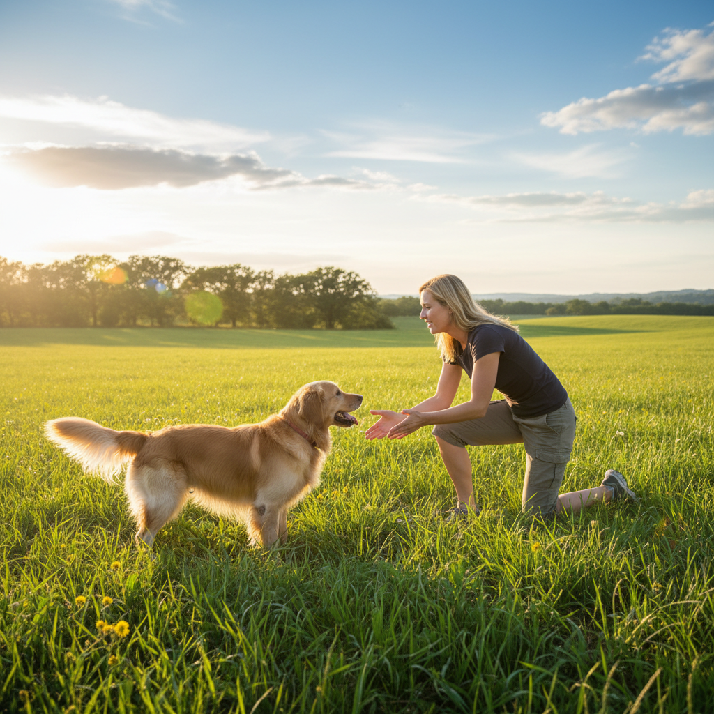 Woman practicing an activity with a dog outdoors