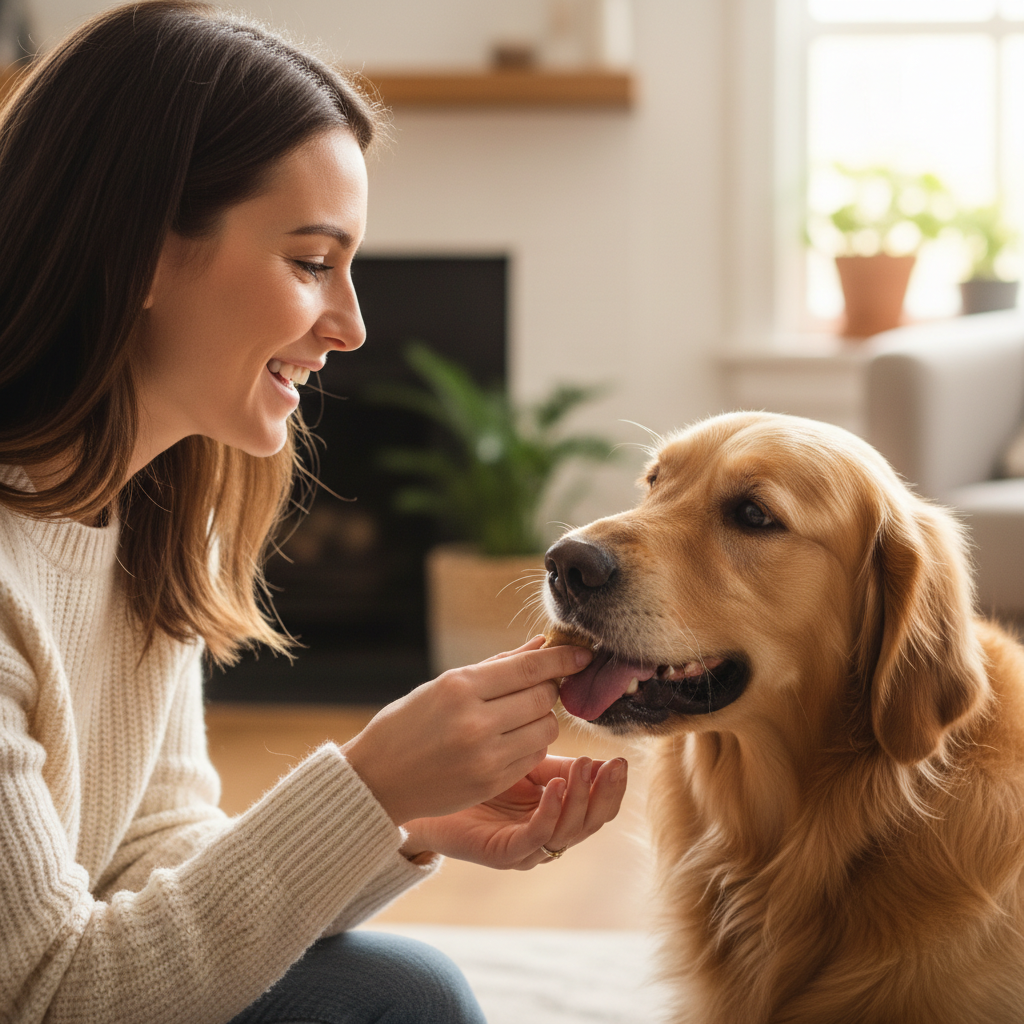 Woman offering a treat to a dog