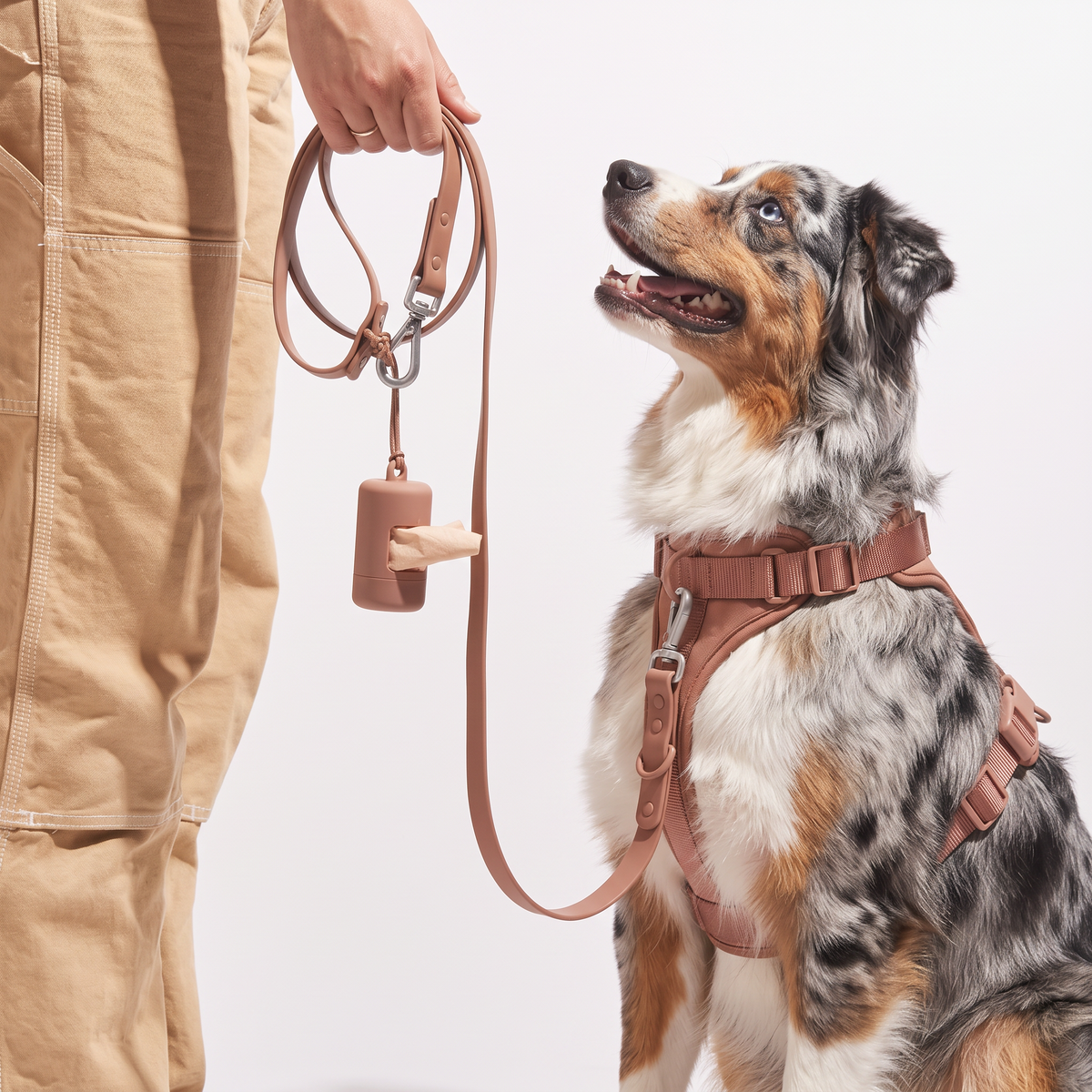Dog wearing a harness and leash