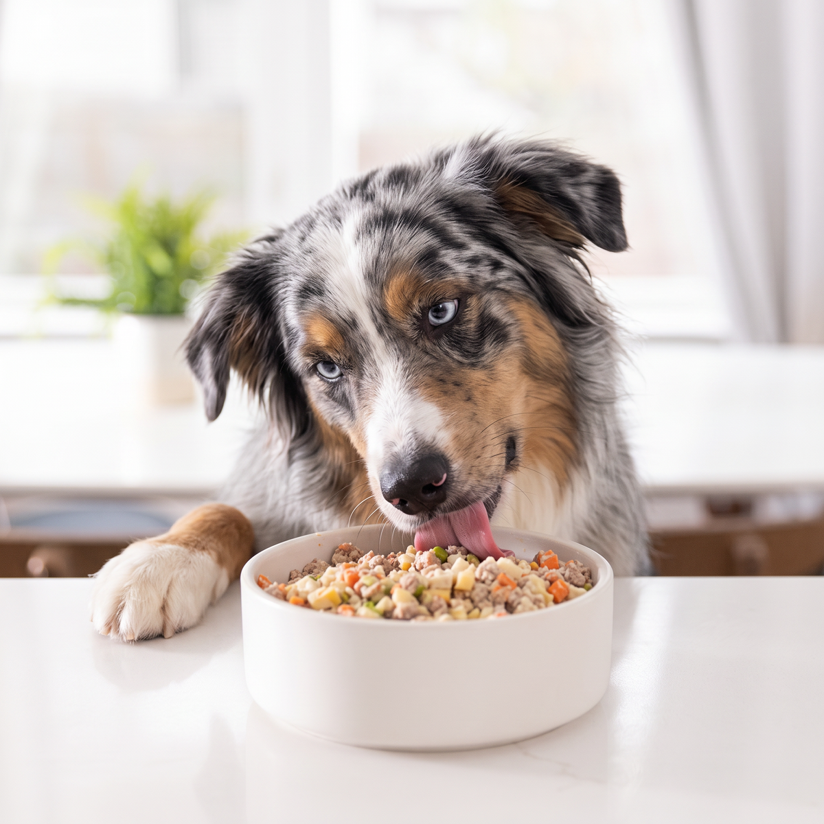 Dog eating from a food bowl