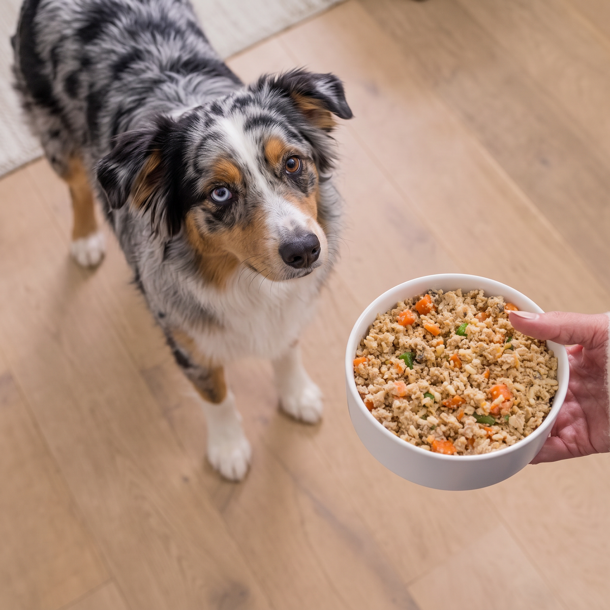 Dog beside a bowl of fresh food
