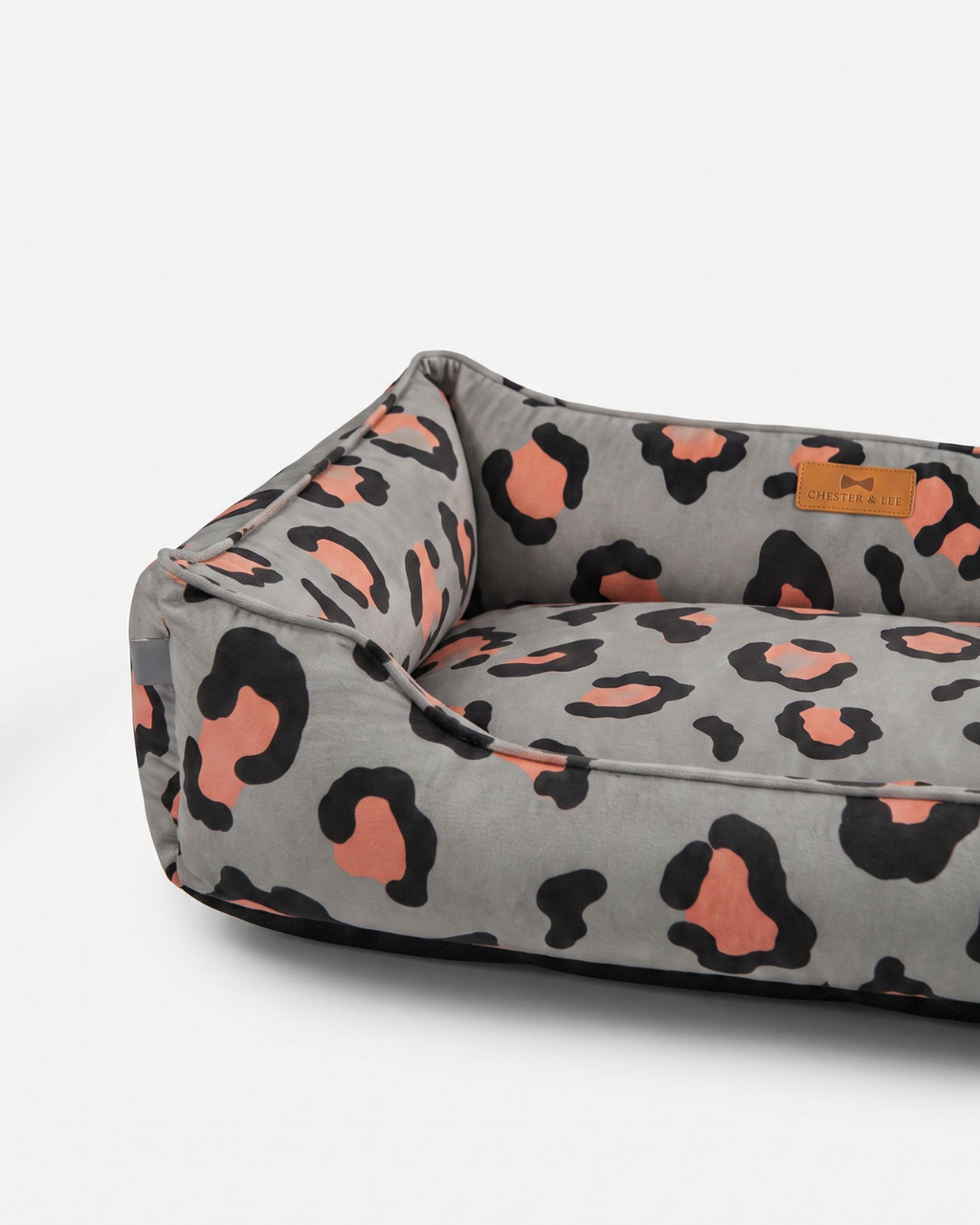 Chester & Lee - Velvet Sleeper Dog Bed Gray & Peach Leopard Print