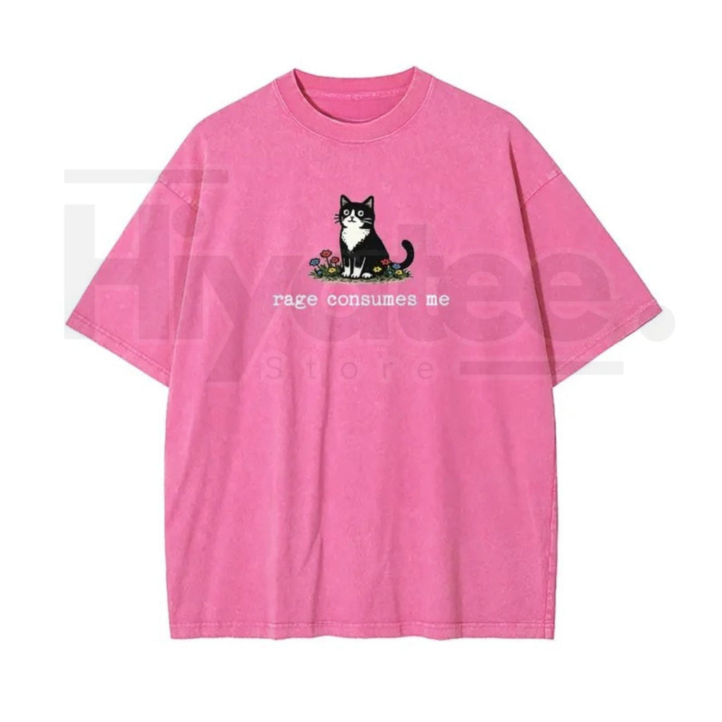 Funny Cat Meme Vintage Washed T-Shirt – “Rage Consumes Me” Oversized Cotton Graphic Tee