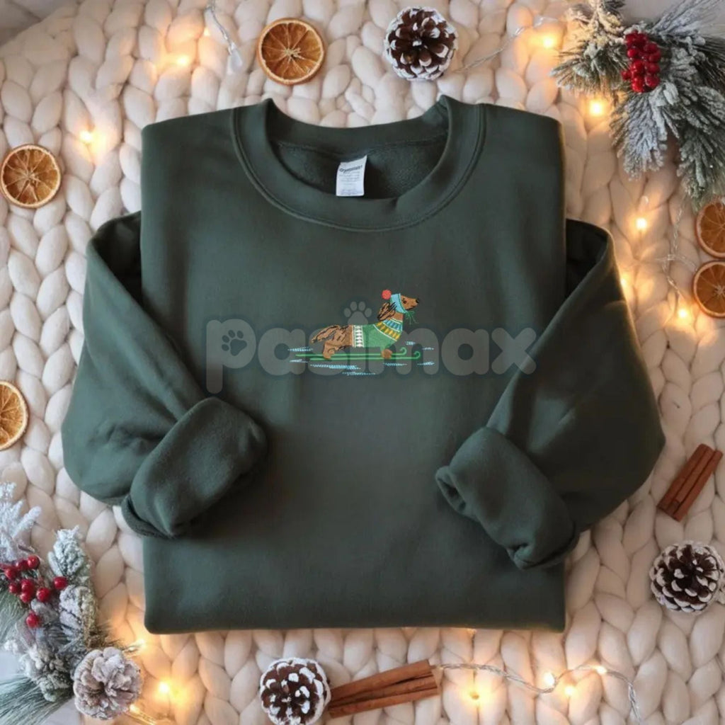 Dachshund on Skis Embroidered Sweatshirt – Funny Christmas Dog Crewneck