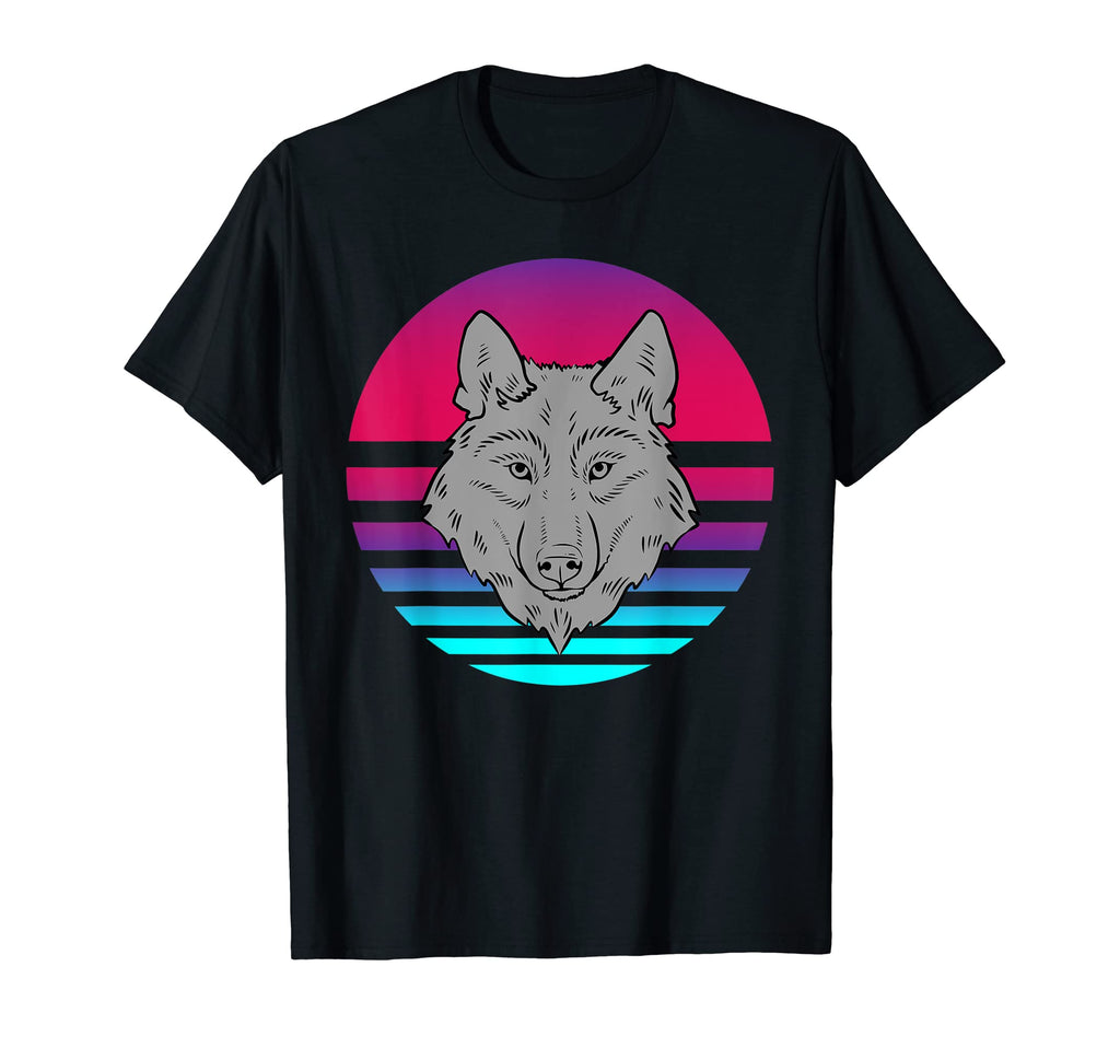 Retrowave Sunset Wolf Dog Vaporwave T-Shirt - Minimalist Print for Adults