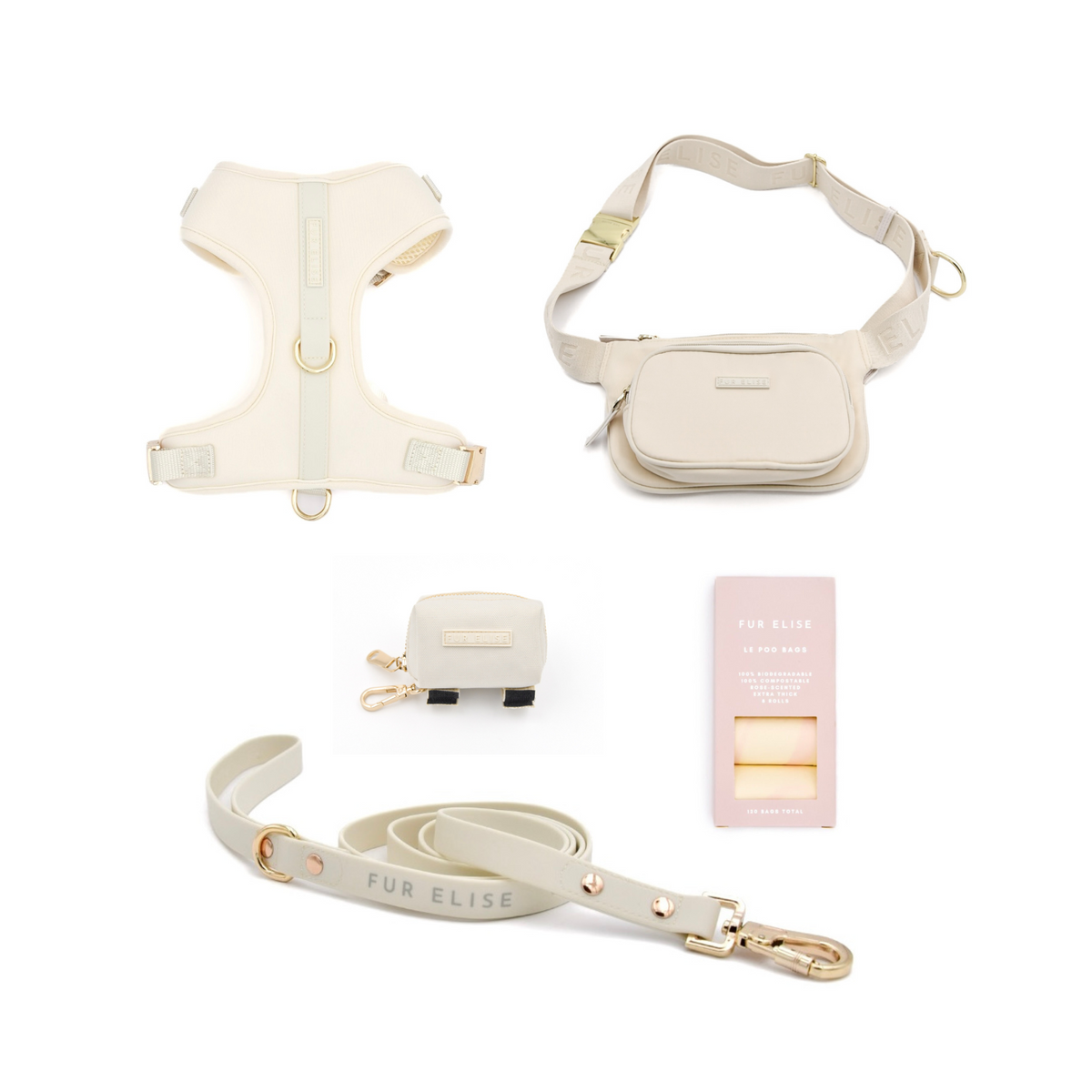 Fur Elise On-the-Go Dog Walking Set - Bone — included set components