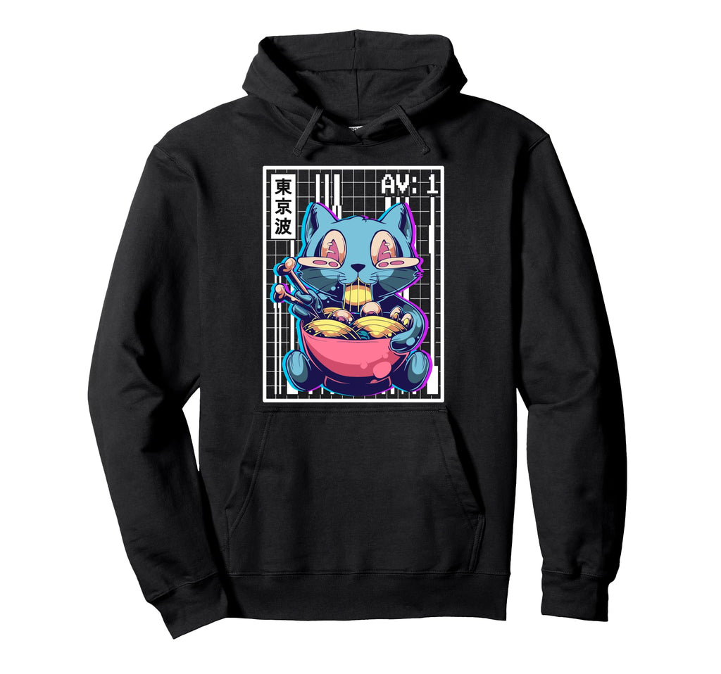 Weirdcore Cat Ramen Grid Vaporwave Aesthetic Hoodie - Graphic Print Unisex