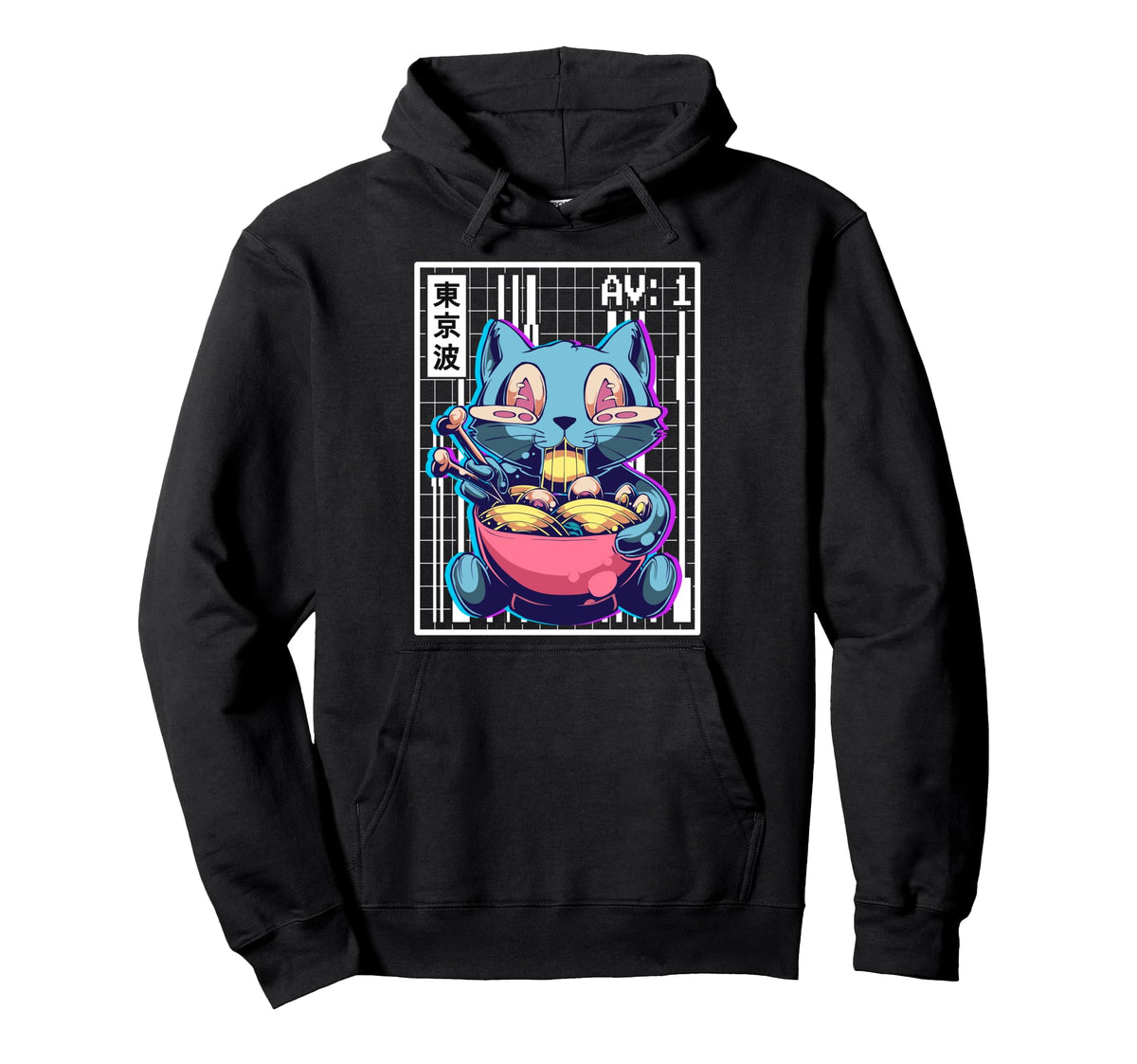 Weirdcore Cat Ramen Grid Vaporwave Aesthetic Hoodie - Graphic Print Unisex