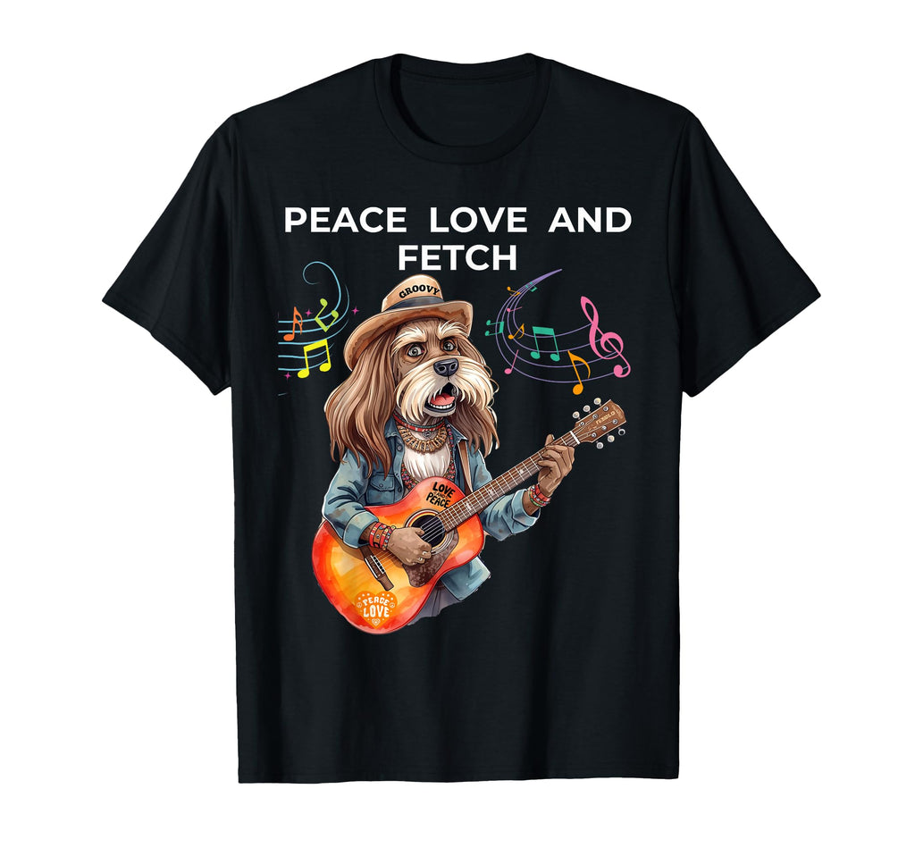 Hippie Dog Guitar Funny Peace Love And T-Shirt - Aesthetic Graphic Unisex