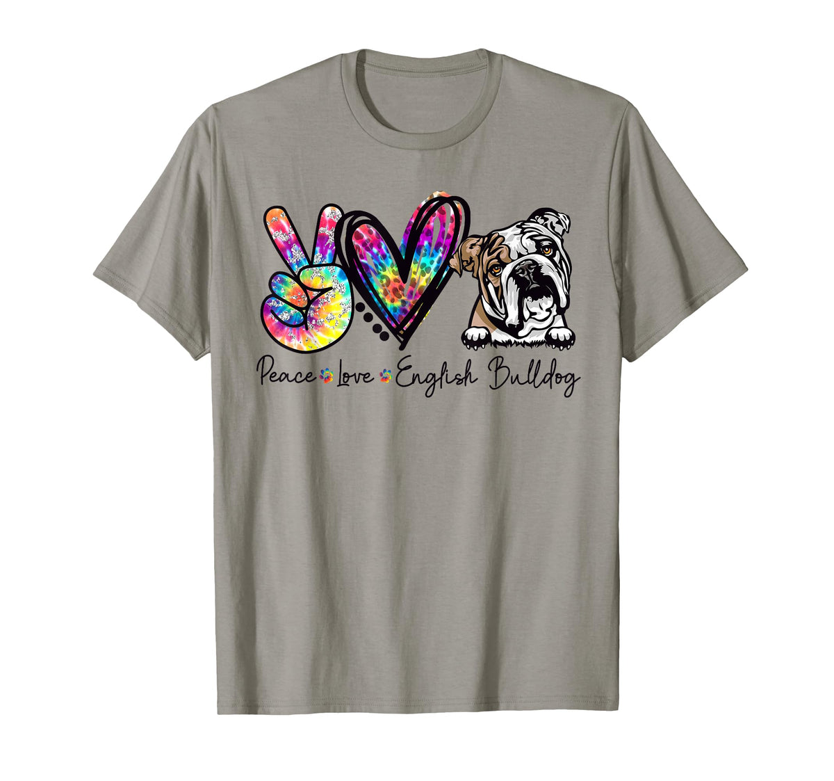 Peace Love English Bulldog Funny Tie T-Shirt - Novelty Apparel for Adults