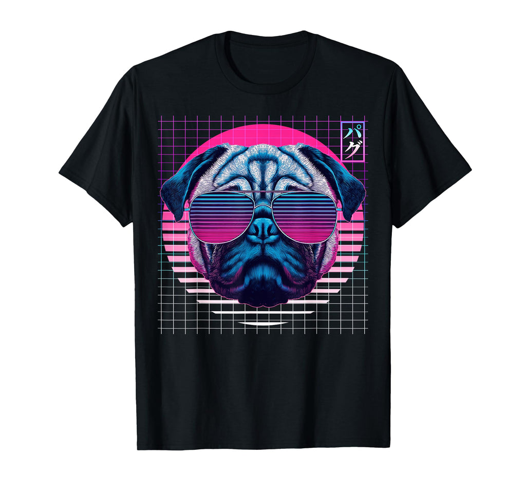 Pug Sunglasses Dog Vaporwave T-Shirt - Casual Everyday Wear Unisex