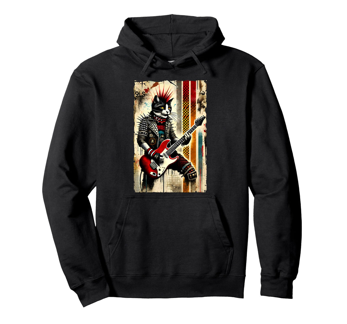 Distressed Cat Playing Guitar 90S Punk Hoodie - Novelty Apparel for Adults
