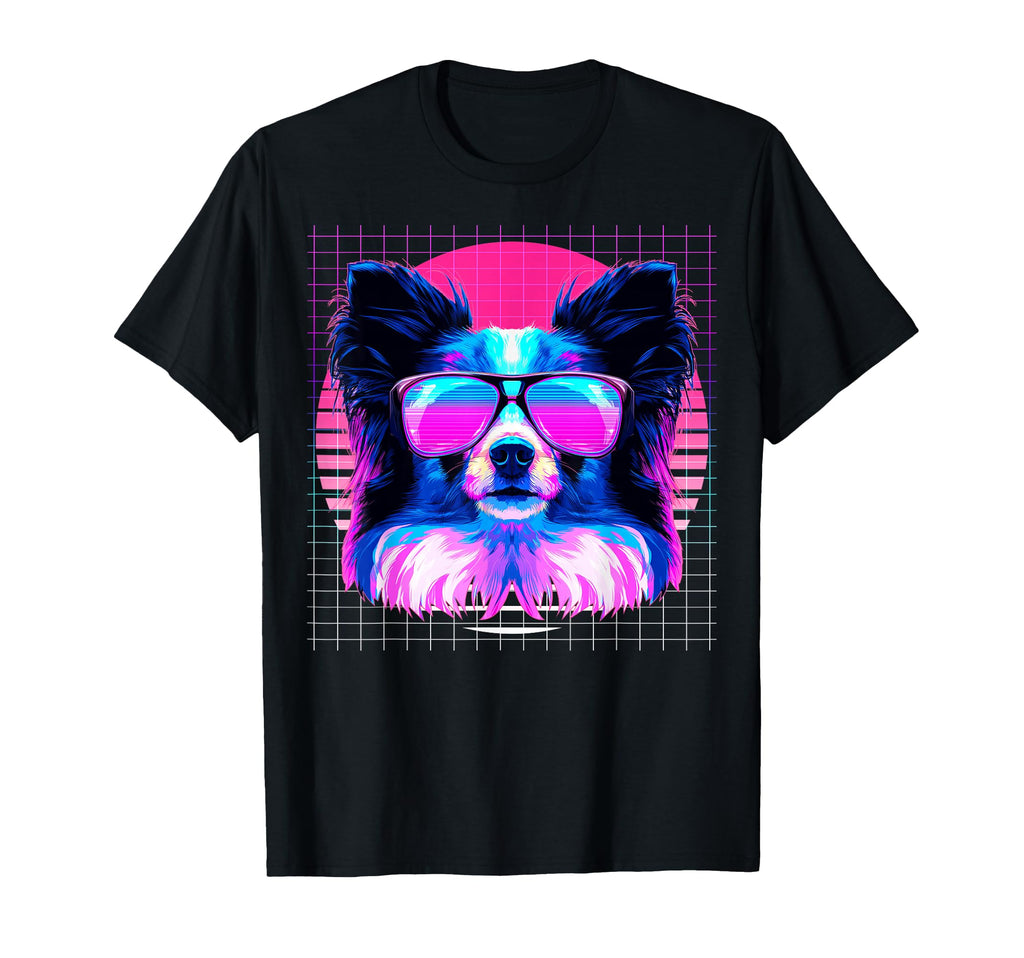 Papillon Sunglasses Dog Vaporwave T-Shirt - Casual Everyday Wear Men Women