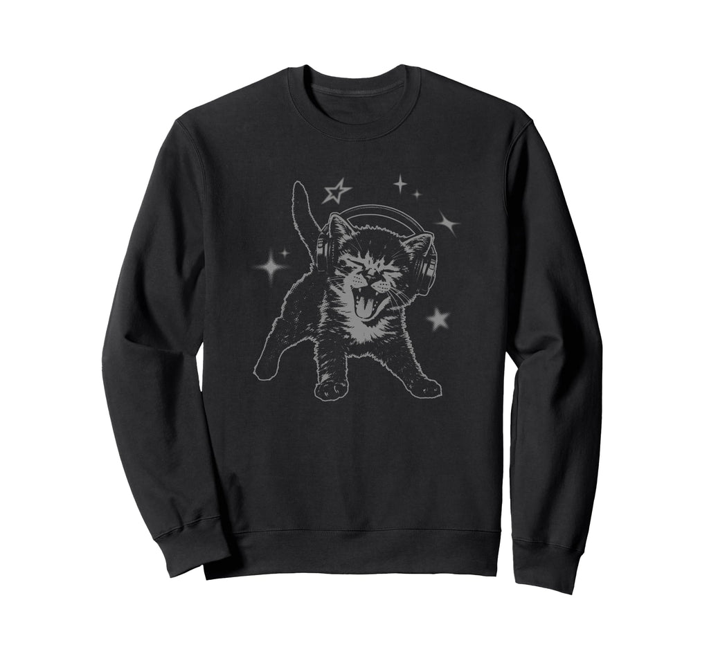 Cat Headphones Stars Silly 90S Sweatshirt - Minimalist Print Men Women