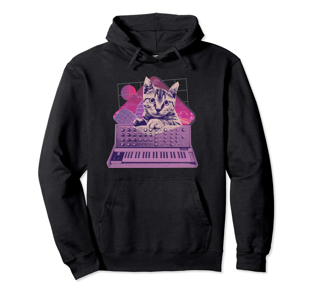 Synthesizer Cat Vaporwave Aesthetic Analog Hoodie - Custom Art Print Unisex