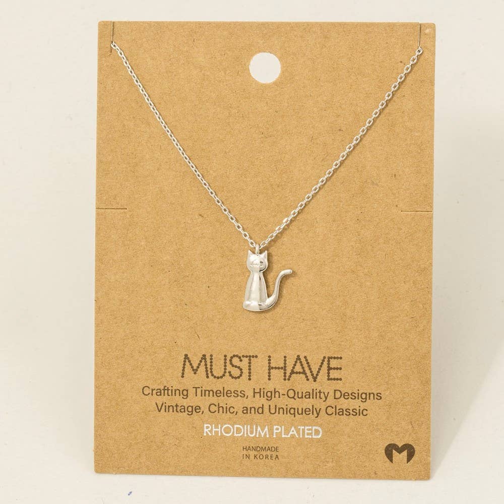Cat Pendant Necklace: Rhodium Plated