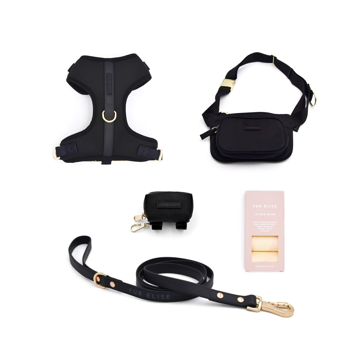 Fur Elise On-the-Go Dog Walking Set - Noir — included set components