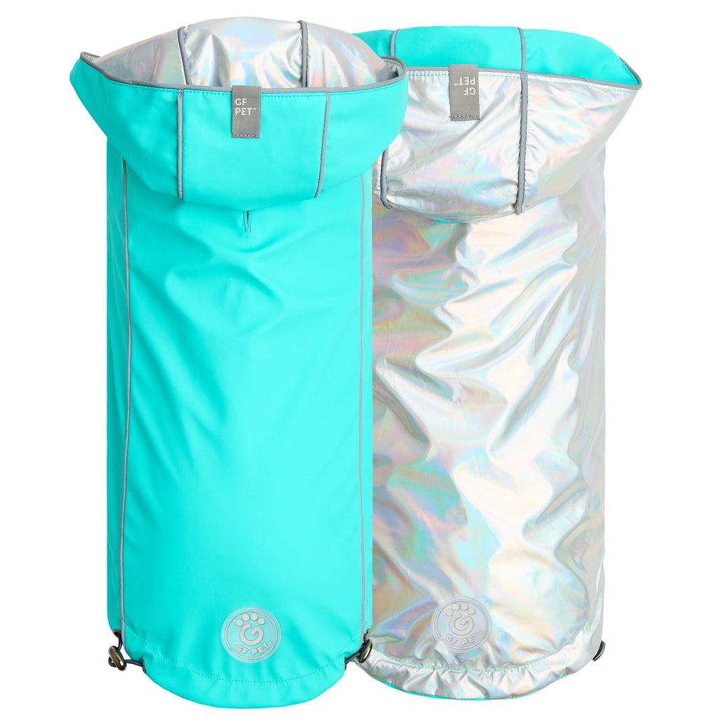 GF PET Reversible Dog Raincoat - Neon Aqua with Iridescent
