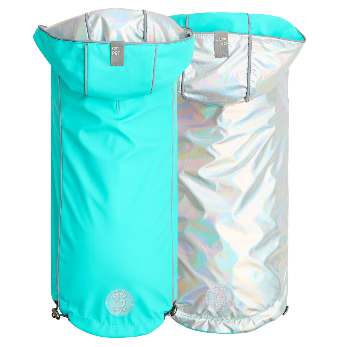 GF PET Reversible Dog Raincoat - Neon Aqua with Iridescent