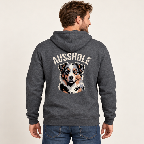 Digital model mockup: back view of a man wearing the heather charcoal Ausshole Australian Shepherd Pullover Hoodie.