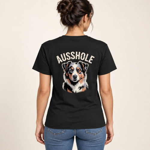 Digital model mockup: back view of a person wearing the Ausshole Australian Shepherd T-Shirt in black.
