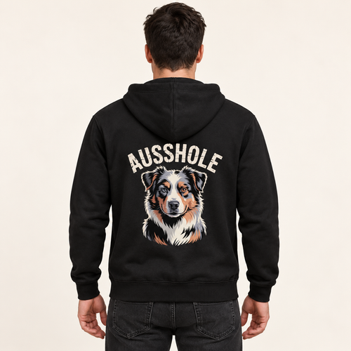 Digital model mockup: back view of a person wearing the Ausshole Australian Shepherd Zip-Up Hoodie in black.