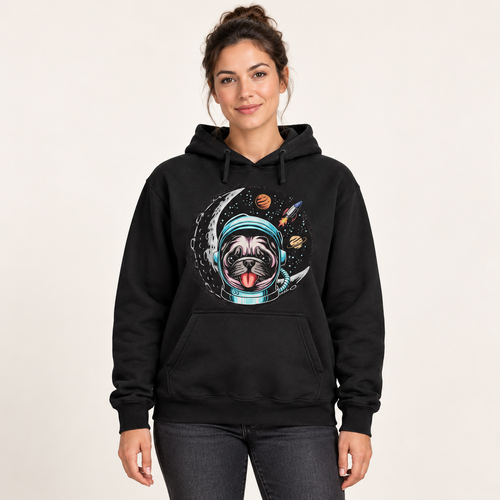 Digital model mockup: front view of a person wearing Astro Pug, Out of This World Hoodie in black.