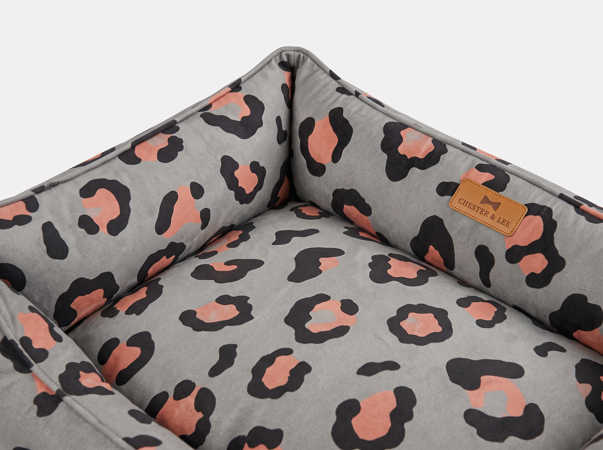 Chester & Lee - Velvet Sleeper Dog Bed Gray & Peach Leopard Print